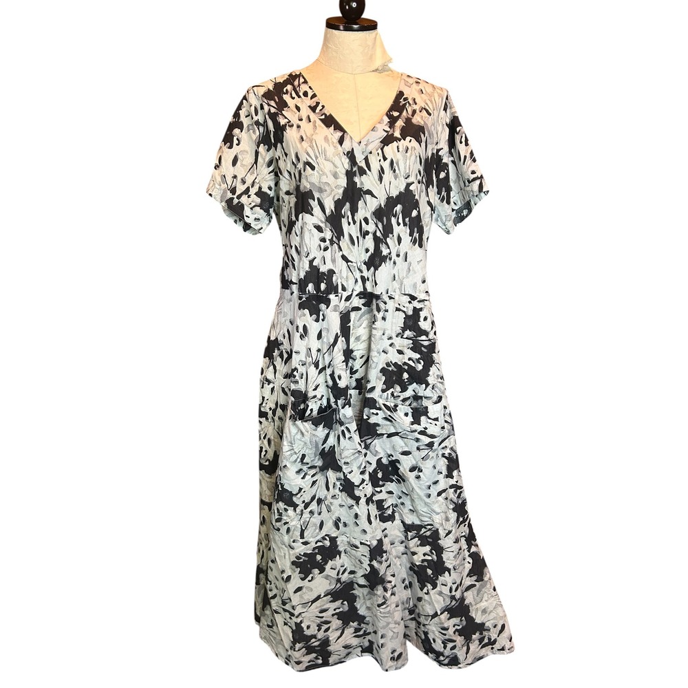Dress Addict Abstract Floral V-Neck Midi Dress Black Pockets A-Line L Cotton